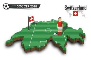 Schweizer Fußballnationalmannschaft Fußballspieler und Flagge auf 3D-Design-Landkarte isolierter Hintergrundvektor für das Konzept des internationalen Weltmeisterschaftsturniers 2018 vektor