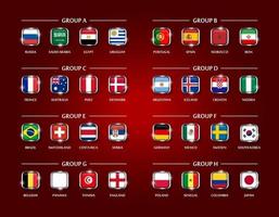 Fußball- oder Fußballpokal 2018 Teamgruppe Set quadratisches glasbedecktes Design der Nationalflagge mit Metallkante und Funkeln auf rotem Hintergrundvektor für internationales Weltmeisterschaftsturnier vektor