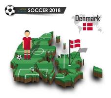 Dänemark Fußballnationalmannschaft Fußballspieler und Flagge auf 3D-Design-Landkarte isolierter Hintergrundvektor für das Konzept des internationalen Weltmeisterschaftsturniers 2018 vektor