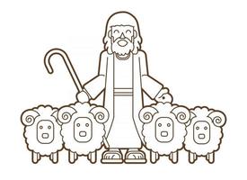 Umriss Jesus Cartoon christlicher Comic Hirte und Schafe