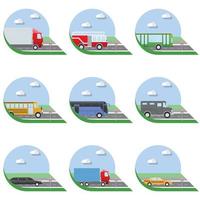 flache Design-Vektor-Illustration Stadt Transport flache Ikonen. LKW, Bus, Taxi, Limousine, Feuerwehrauto und Schulbus vektor