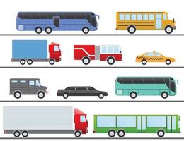 flache Design-Vektor-Illustration Stadt Transport flache Ikonen. LKW, Bus, Taxi, Limousine, Feuerwehrauto und Schulbus vektor