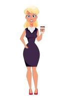 ung tecknad affärskvinna står med kaffe medan kaffepaus vektor
