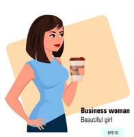 Junge Cartoon-Geschäftsfrau in Bürokleidung mit heißem Kaffee während der Kaffeepause coffee vektor