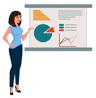 Junge Cartoon-Geschäftsfrau in Bürokleidung steht in der Nähe von Board mit Infografik vektor