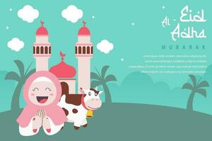 heilig eid al adha Mubarak süß Banner Karikatur Gekritzel. islamisch und Arabisch Gruß Flyer zum Muslim Gemeinschaft Festival Grafik drucken Vektor