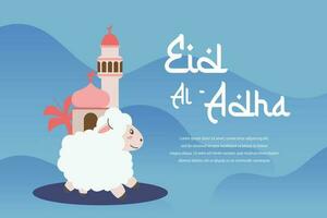 helig eid al Adha mubarak söt baner tecknad serie klotter. islamic och arabicum hälsning flygblad för muslim gemenskap festival grafisk skriva ut vektor