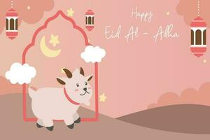 helig eid al Adha mubarak söt baner tecknad serie klotter. islamic och arabicum hälsning flygblad för muslim gemenskap festival grafisk skriva ut vektor