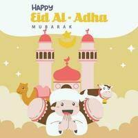 helig eid al Adha mubarak söt baner tecknad serie klotter. islamic och arabicum hälsning flygblad för muslim gemenskap festival grafisk skriva ut vektor