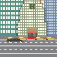 platt design vektor illustration koncept för stadshotell och parkerad taxi och limousine, sityskape
