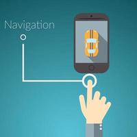 platt design vektor illustration koncept för online-tjänster. begrepp för handrörande smart telefon med bil, text skyltnavigering