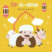 heilig eid al adha Mubarak süß Banner Karikatur Gekritzel. islamisch und Arabisch Gruß Flyer zum Muslim Gemeinschaft Festival Grafik drucken Vektor