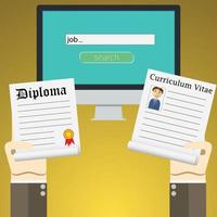 flaches Design-Vektor-Illustrationskonzept für die Online-Jobsuche auf dem Computer. Konzepte von Händen, die Diplom und Lebenslauf halten vektor