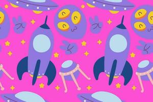 kawaii äußere Raum nahtlos Muster Hintergrund. süß kosmisch Galaxis thematisch zum Kleidung, Textil- und Verpackung Papier vektor