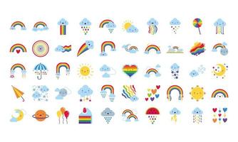 Bündel von fünfzig Regenbögen und Kawaii-Zeichensymbolen vektor
