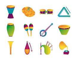 Bündel von zwölf Musikinstrumenten setzen Icons vektor