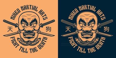 svart och orange t-shirt design av en japansk tengu mask vektor