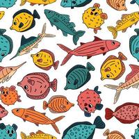 ljusa sömlösa mönster av doodle isolerade rosa gul blå kontur tecknad vektor fisk tang flundra tonfisk hav burrfish hav marlin illustration på vit bakgrund för barn bok eller utskrifter