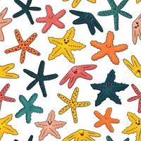 Nahtloses Muster von Vektor-Umriss-Karikatur-Seesternen Seestern mit Augen lächeln Gekritzel marine wirbellose Tiere mit fünf Armen bunt in Rot-Orange-Gelb-Blau einzeln auf weißem Hintergrund vektor