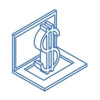 isometrisk pengar kontanter valuta bärbar dator dollar isolerad på vit bakgrund linjär blå ikon vektor