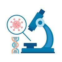 Covid19-Partikel im Mikroskop und DNA-Molekül-Symbol im flachen Stil vektor