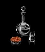Karaffe oder Karaffe mit Glas und rotem Kaviar auf einer schwarzen Hintergrundvektorillustration vektor