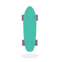 Skateboard eben Symbol mit Schatten. Grün Skateboard mit lila Räder Vektor Illustration zum drucken, Aufkleber, Karte.