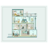 Innere von das Haus. Möbel im das Wohnung. Vektor Illustration von Puppenhaus mit Schlafzimmer, Küche, Wohnzimmer, Badezimmer, Wäscherei, Kindergarten.