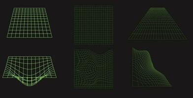 uppsättning av trådmodell former. cyber neo trogen rutnät, 3d maska objekt. trådmodell vågig geometrisk perspektiv former. 80s cyberpunk element, vektor uppsättning.
