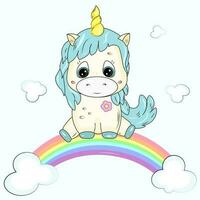 süß Karikatur Baby Einhorn mit Regenbogen vektor