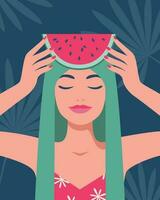 Sommer- Zeit, Urlaub, Meer. Porträt von ein Frau mit ein Stück von Wassermelone und tropisch Blätter auf das Hintergrund. Vektor Illustration im ein minimalistisch Stil zum Poster, Abdeckungen, Banner