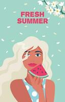 färsk sommar. sommar tid, semester, hav. kvinna med skivor av vattenmelon. vektor illustration i en minimalistisk stil, affisch