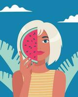 Sommer- Zeit, Urlaub, Meer. Porträt von ein Frau mit ein frisch Stück von Wassermelone. Vektor Illustration im ein minimalistisch Stil zum Poster, Abdeckungen, Flyer, Banner