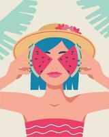 Sommer- Zeit, Urlaub, Meer. Porträt von ein Frau mit ihr Augen geschlossen mit frisch Scheiben von Wassermelone. Vektor Illustration im ein minimalistisch Stil zum Poster, Abdeckungen, Flyer, Banner