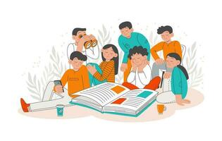 de begrepp av läsning böcker, utbildning, studie. en grupp av Lycklig människor är läsning ett bok. vektor platt illustration.