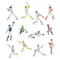 Vektor eben einstellen von Baseball Spieler im anders Posen. weicher Ball Mannschaft isoliert Illustration auf Weiß Hintergrund