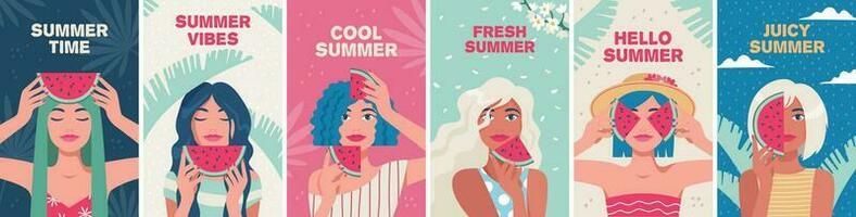 Sommer- Zeit, Urlaub, Meer. einstellen von Postkarten, Poster, Abdeckungen. Frau mit Scheiben von Wassermelone. Vektor Illustration im ein minimalistisch Stil