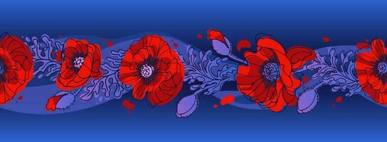 psychedelisch Magie Mohn Grenze. 60er Jahre Hippie, bunt Blumen. hell Sommer- Illustration im skizzieren Stil mit Papaver Knospen. zum Hintergrund, Drucken auf Stoff, Verpackung. vektor