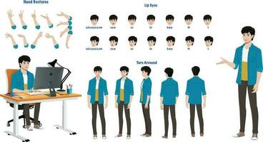 en ung man karaktär modell ark för animation. karaktär modell ark med mun synkronisera, hand gest, sväng runt om ark vektor