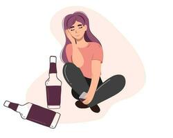 kvinnors alkoholism. ensam skön ung kvinna med alkoholhaltig drycker drycker ensam. alkohol missbruk . vektor