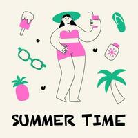 komisch Mädchen im ein Hut Sonnenbaden im Sommer. ein Frau mit ein Cocktail beim ein Strand Party. Sommer- Zeit, Feiertage, Wochenenden. vektor