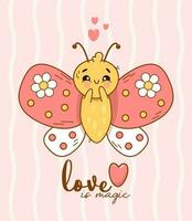 romantisch Karte. süß Karikatur Schmetterling im Liebe auf gestreift Licht Rosa Hintergrund mit Inschrift Liebe ist Magie. groovig Vektor Illustration .