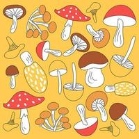 Pilz Hintergrund im modisch Farben. Herbst einstellen von cool Pilze. ein Sammlung von wild Pilze im Karikatur Gekritzel Stil mit unvollständig malen. vektor