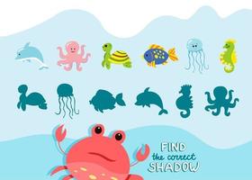 Finden Sie den richtigen Schatten niedliche Meerestiere Lernspiel für Kinder Sammlung von Kinderspielen Vektorgrafiken im Cartoon-Stil vektor
