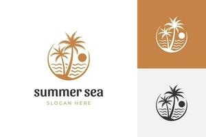 Palme Baum und Paradies Logo mit tropisch Strand Linie Kunst Symbol Element zum das Sommer- Urlaub Logo. Vektor Illustration, eben Design.