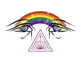 T-Shirt Design von zwei ägyptisch Augen trat bei durch ein Regenbogen. Vektor Illustration zum Fröhlich Stolz Tag
