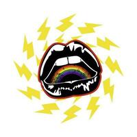 Design zum T-Shirt mit schwarz Lippen, Symbole von Blitz und ein Regenbogen isoliert auf Weiß. Vektor Illustration zum Fröhlich Stolz Tag.