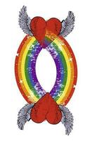 t-shirt design av två sammanflätade bevingad hjärtan genom en flerfärgad regnbåge. vektor illustration för Gay stolthet dag.