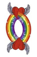 T-Shirt Design von zwei verflochten geflügelt Herzen durch ein mehrfarbig Regenbogen. Vektor Illustration zum Fröhlich Stolz Tag.