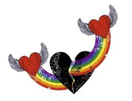T-Shirt Design von zwei rot geflügelt Herzen und ein groß schwarz Herz mit Regenbogen. Vektor Illustration zum Fröhlich Stolz Tag.